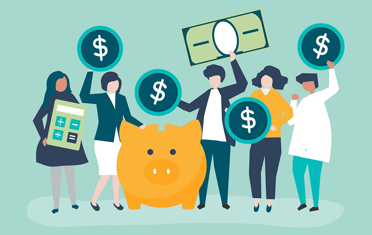 Illustration of people holding money next to piggy bank