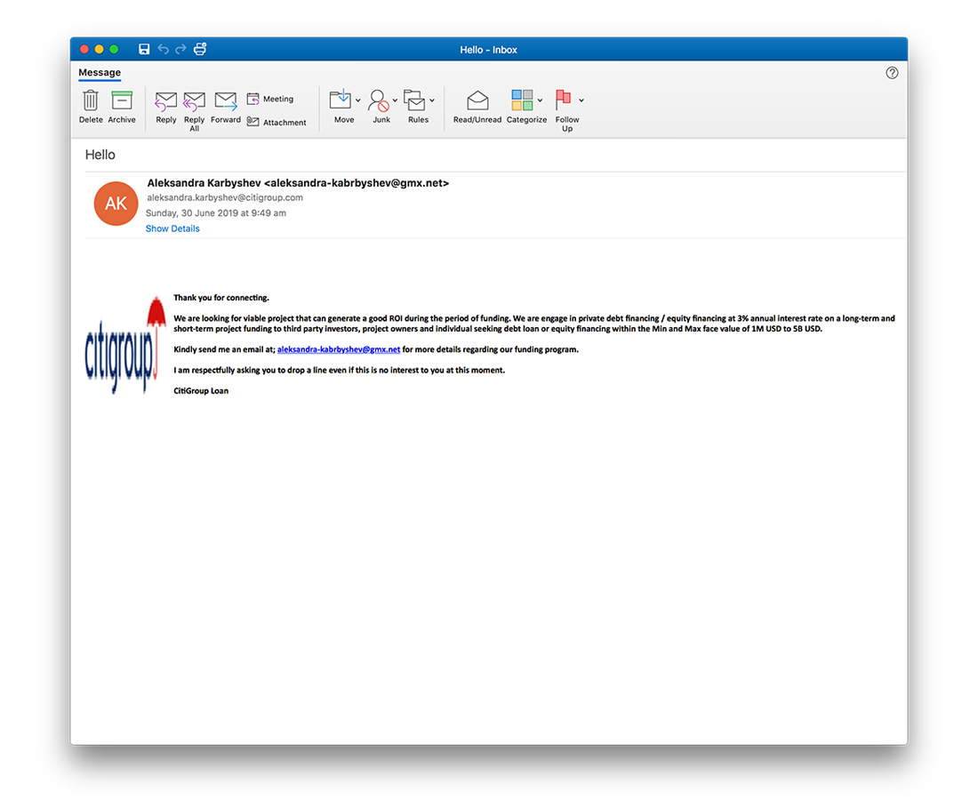 Screenshot of example spam email