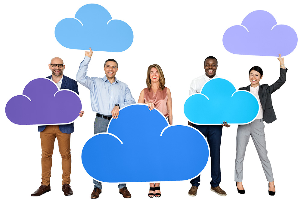 Group of people holding cloud icons