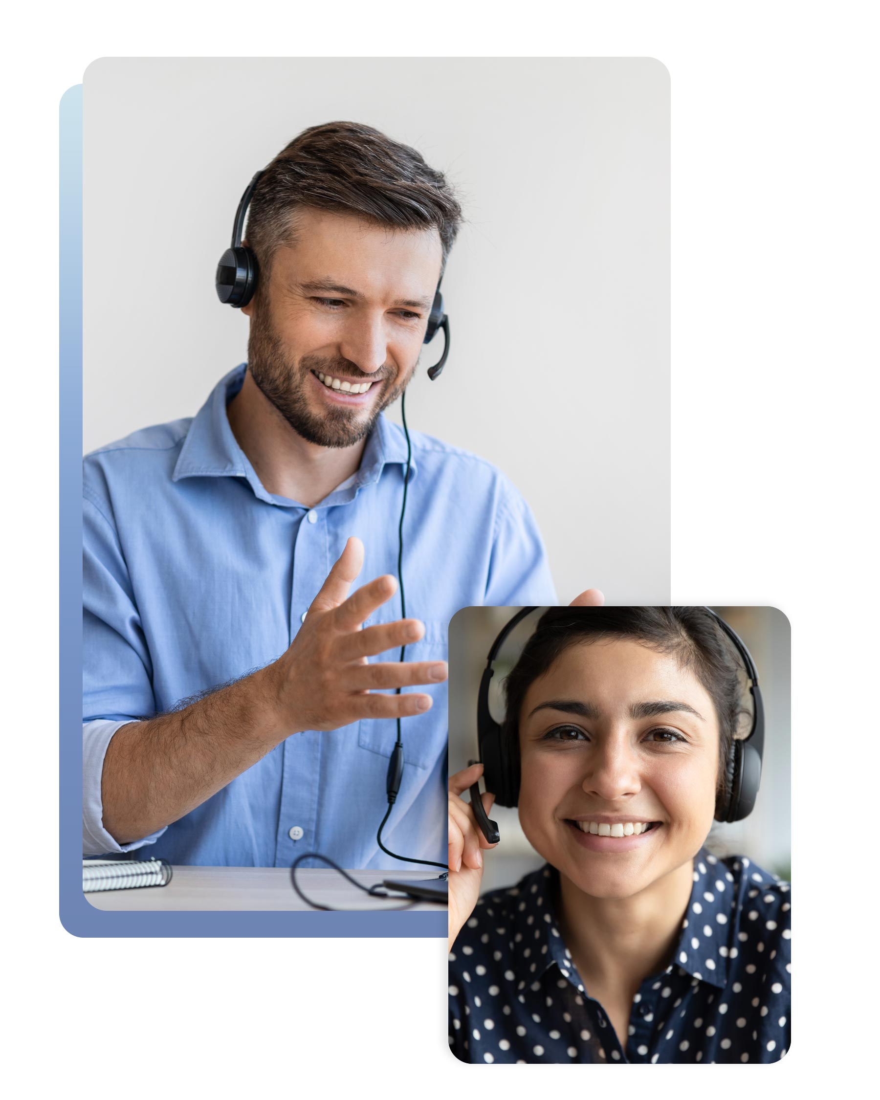 Male and female colleagues talking on headsets