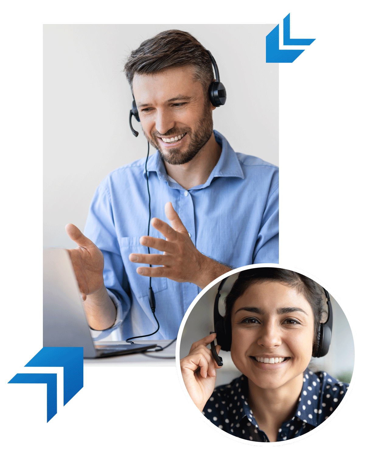 image of man an woman talking on headsets from different locations