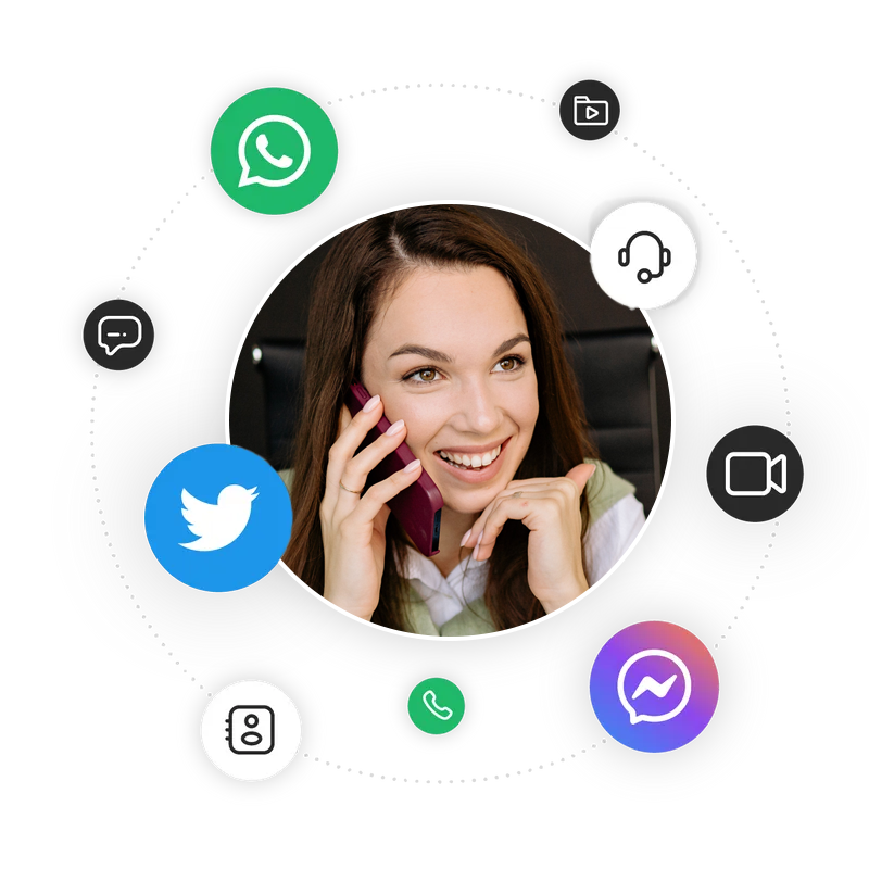 Smiling woman on mobile phone surrounded by app icons