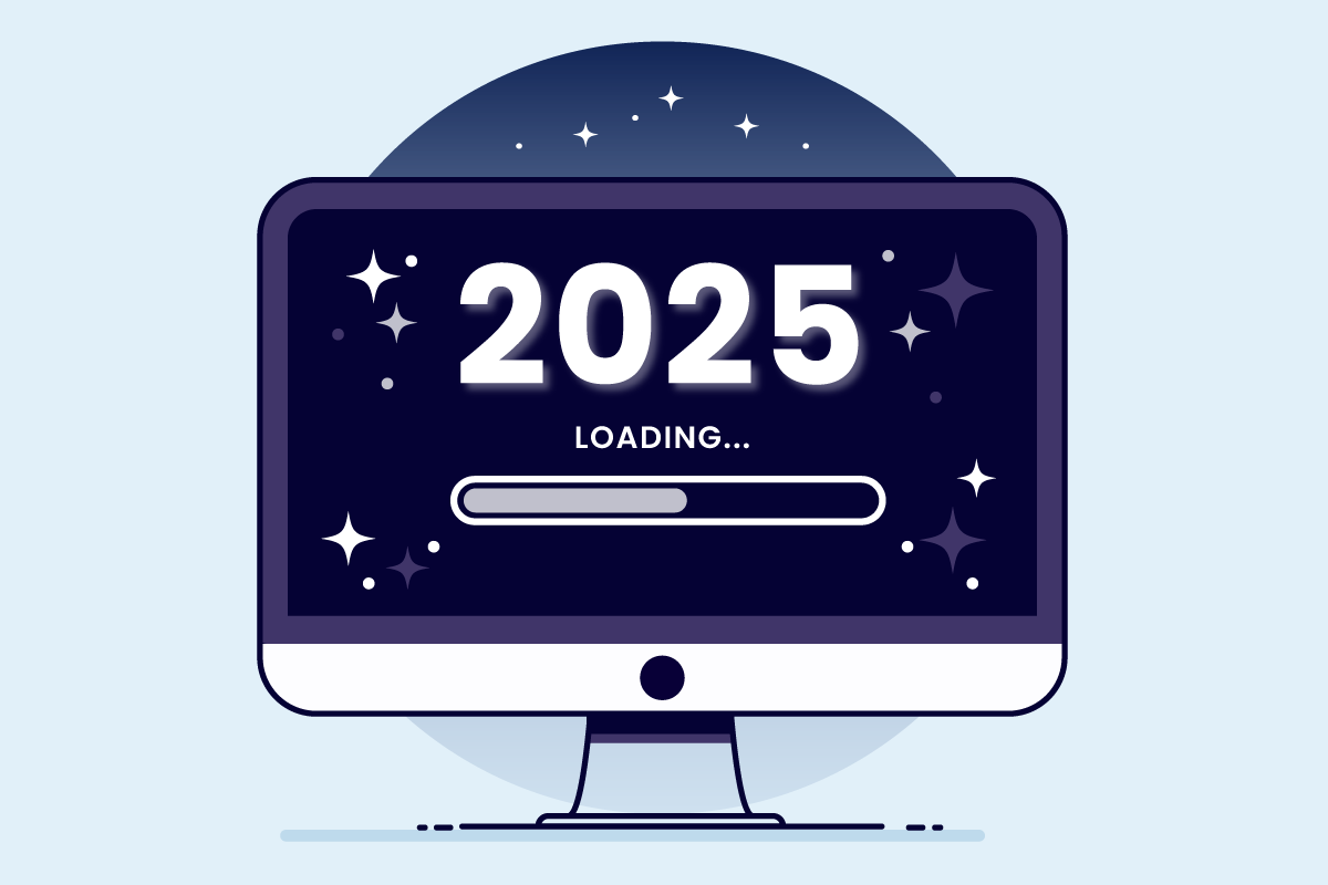 Graphic of a computer screen with 2025 on the screen and a loading bar