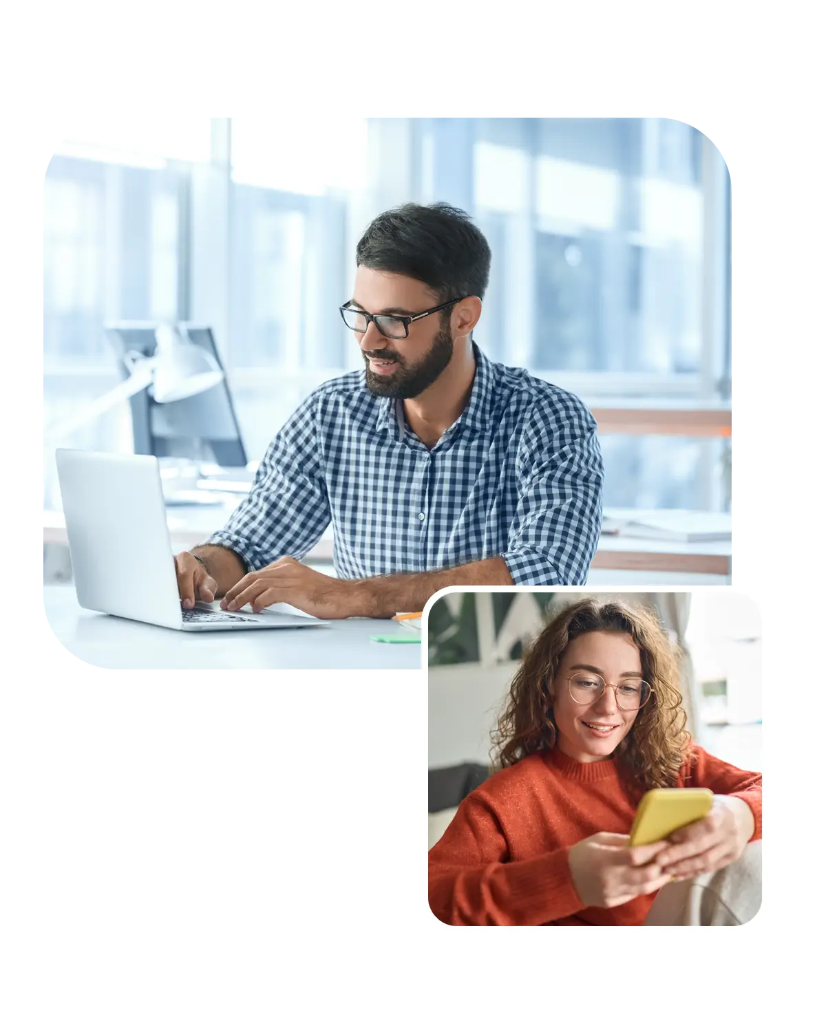 Two people indoors: one in a checkered shirt working on a laptop at a desk in a bright office, and another in an orange sweater holding a yellow smartphone in a home-like setting — illustrating remote work and digital communication.