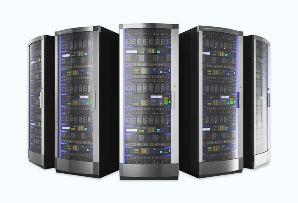 Row of server racks with active indicator lights and networking equipment