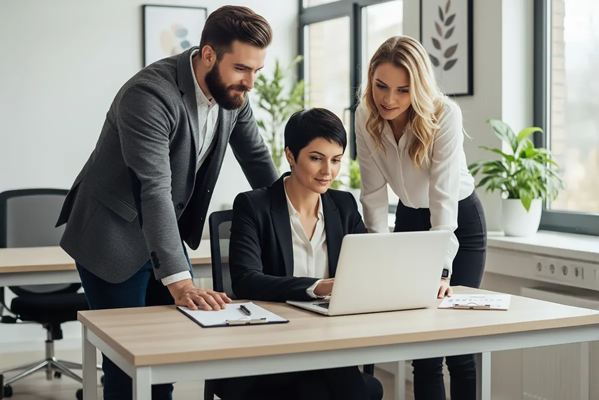 A team of three colleagues, a man and two women, collaborate and lean in to view a laptop screen in a bright, modern office.