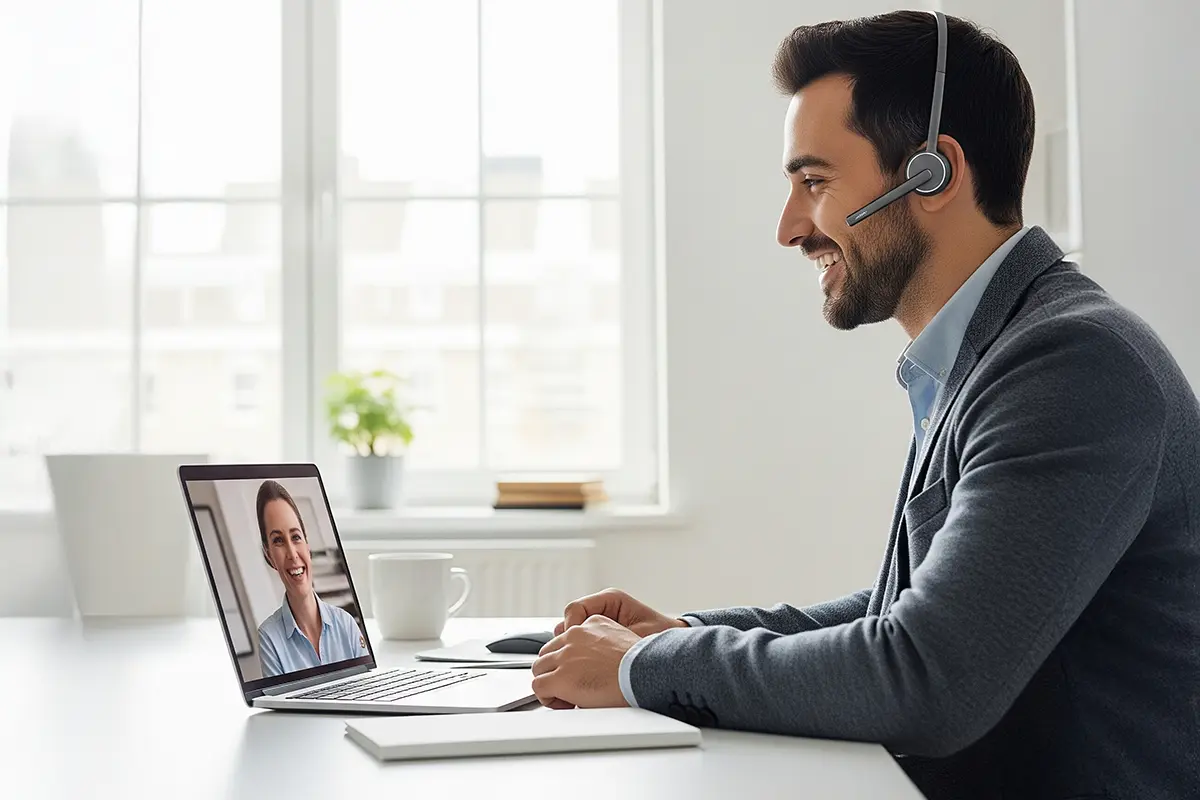 What-is-Team-Collaboration Smiling man in headset on video call in bright office with laptop, coffee mug, and natural light—remote work and virtual communication concept